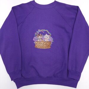 Vintage Grandma Sweater Womens L Purple Embroidered Kittens Cats Crew Neck‎